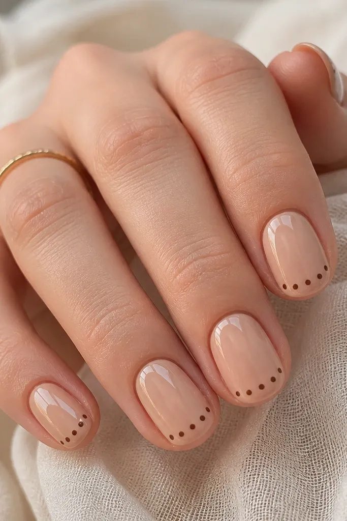 Short oval nails painted champagne nude. The tips have tiny espresso-brown polka dots arranged in a line across the free edge. Everything is glossy and neat.