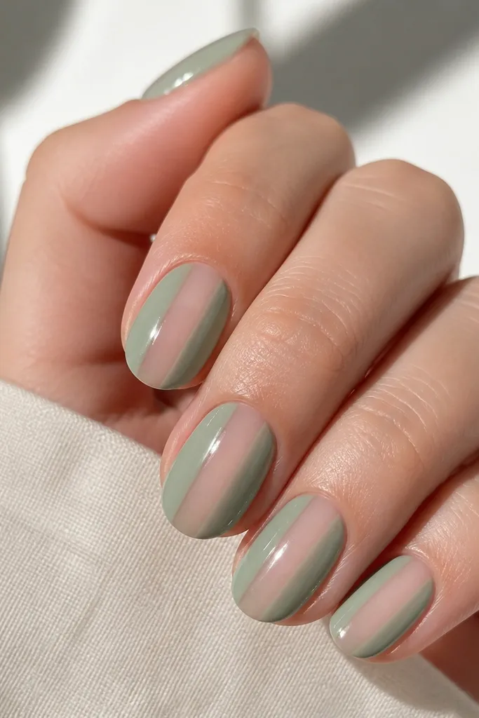 Short oval nails painted sea glass green. There's a clear negative space vertical oval in the center of each nail, leaving the nail see-through down the middle. Glossy finish.