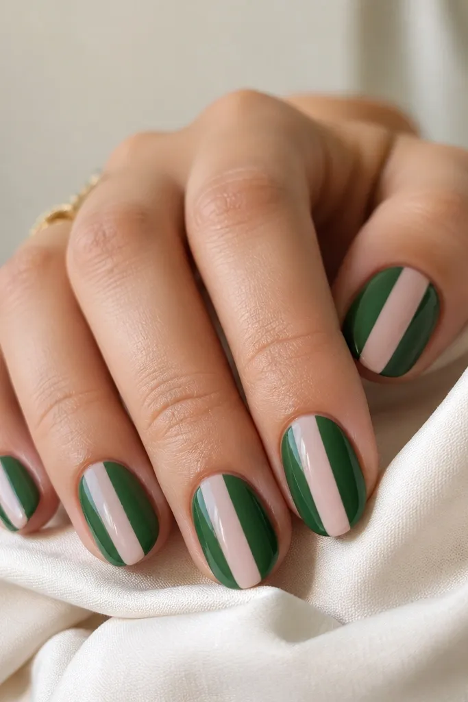 Short oval nails with evergreen green on the outer edges and tip area, leaving a nude center line running from cuticle to tip. The design is symmetrical and glossy.