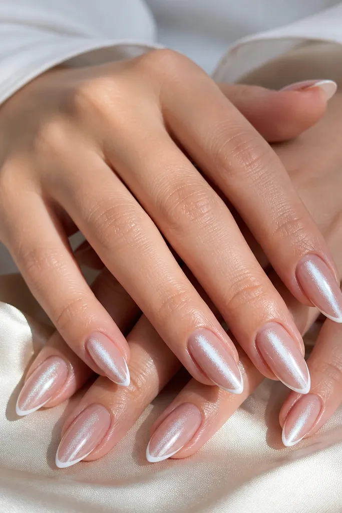 Ten almond nails on a hand model: nude base with a super-thin white French line at the tip, and a cool icy silver cat-eye band running vertically through the center of each nail. High gloss shine, clean smile curve, no extra gems.