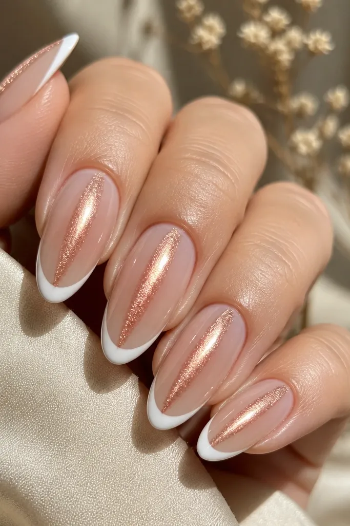 Almond nails with a warm nude base, rose gold magnetic stripe centered on each nail, and a medium-width classic white French smile. The cat eye line shifts slightly between pink and gold as the hand tilts.