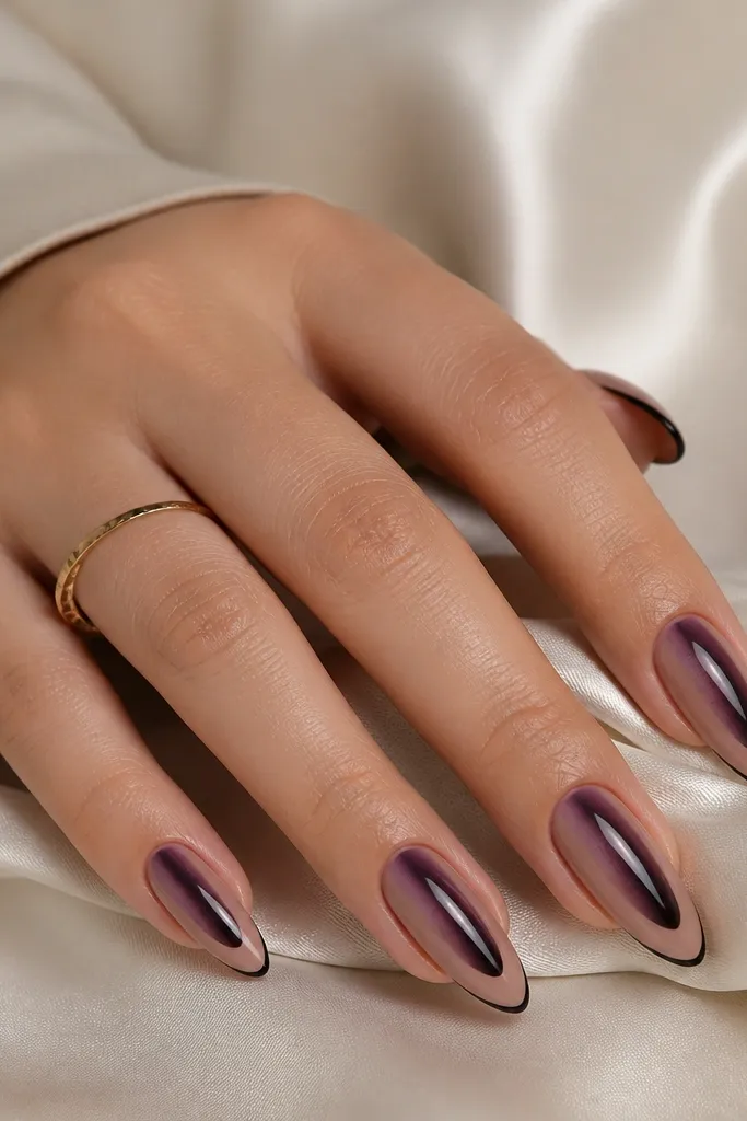 Almond nails: soft nude base, deep plum-black cat eye stripe centered, and a thin black outline French tip with a nude interior at the tip. Glossy finish, no gems.