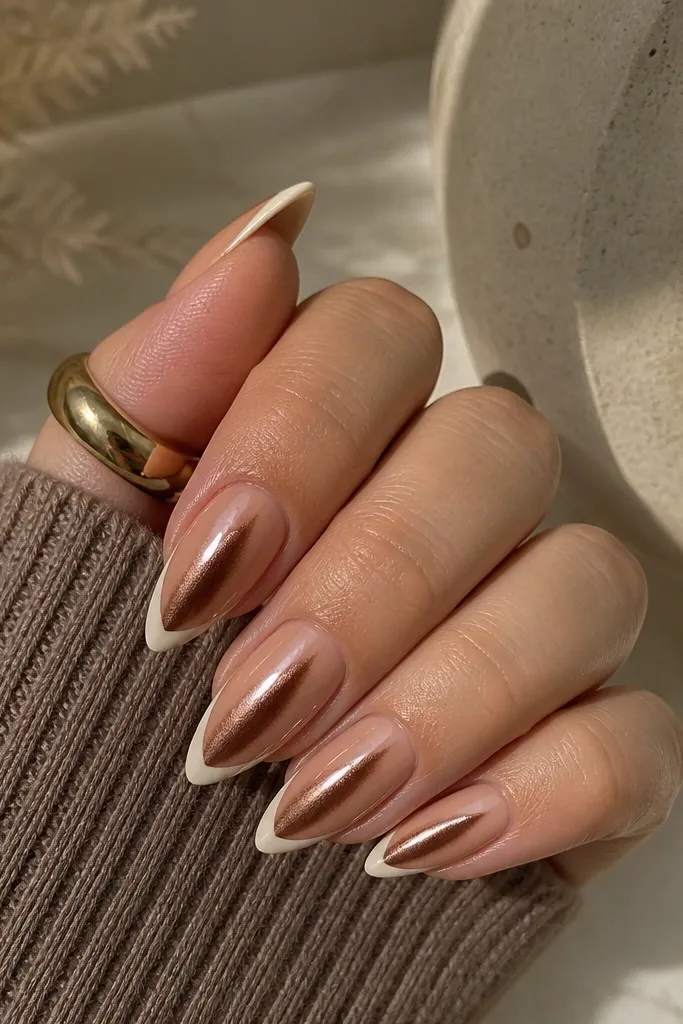 Almond nails with a creamy nude base, chocolate brown magnetic stripe centered, and a warm cream French tip. The almond taper is sharp but not pointy, with a glossy shine.