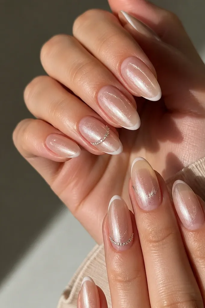 Almond nails with a clear nude base, champagne cat eye stripe centered, micro French tip in pale white, and a single tiny rhinestone line along the smile curve on two accent nails. Glossy finish.