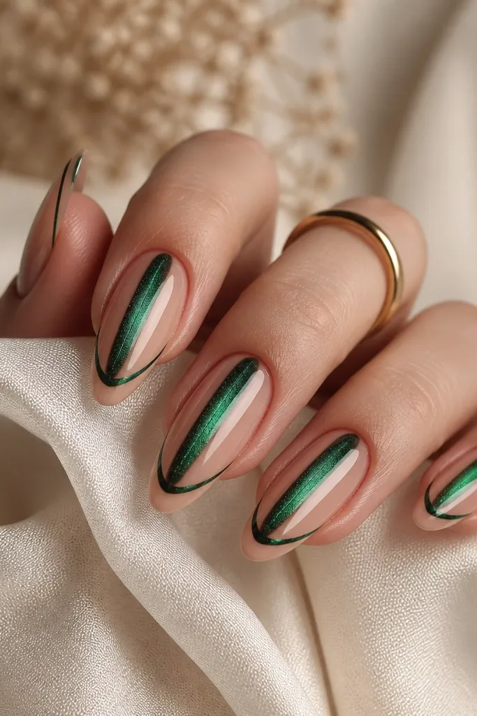 Almond nails with nude base and a centered emerald cat eye stripe. The French area is negative space: a thin emerald outline at the smile curve with the tip left nude, glossy finish.