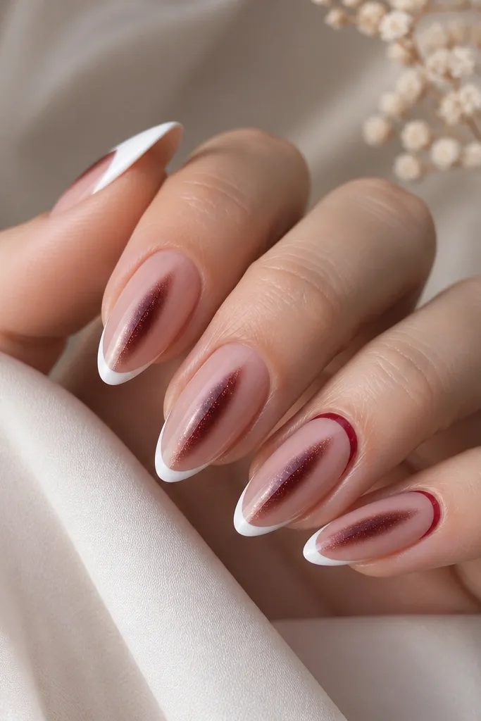 Almond nails with a blush nude base and garnet cat eye stripe centered. Most nails have a clean white French tip, and two accent nails have a reverse French line near the cuticle in garnet.