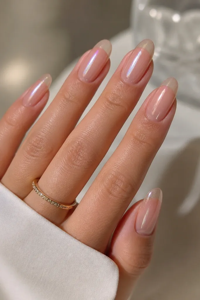Almond nails with a clear iridescent cat eye band centered on a sheer nude base. The French smile is transparent clear gel with a faint shimmer, not a painted white tip. Glossy finish.