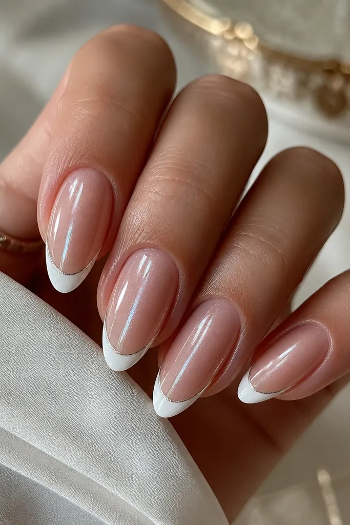 Almond nails with pearl pink cat eye stripe centered on a sheer nude base. French tips are white, and the very edge of the tip has a thin chrome line (silver) that catches light. High gloss overall.