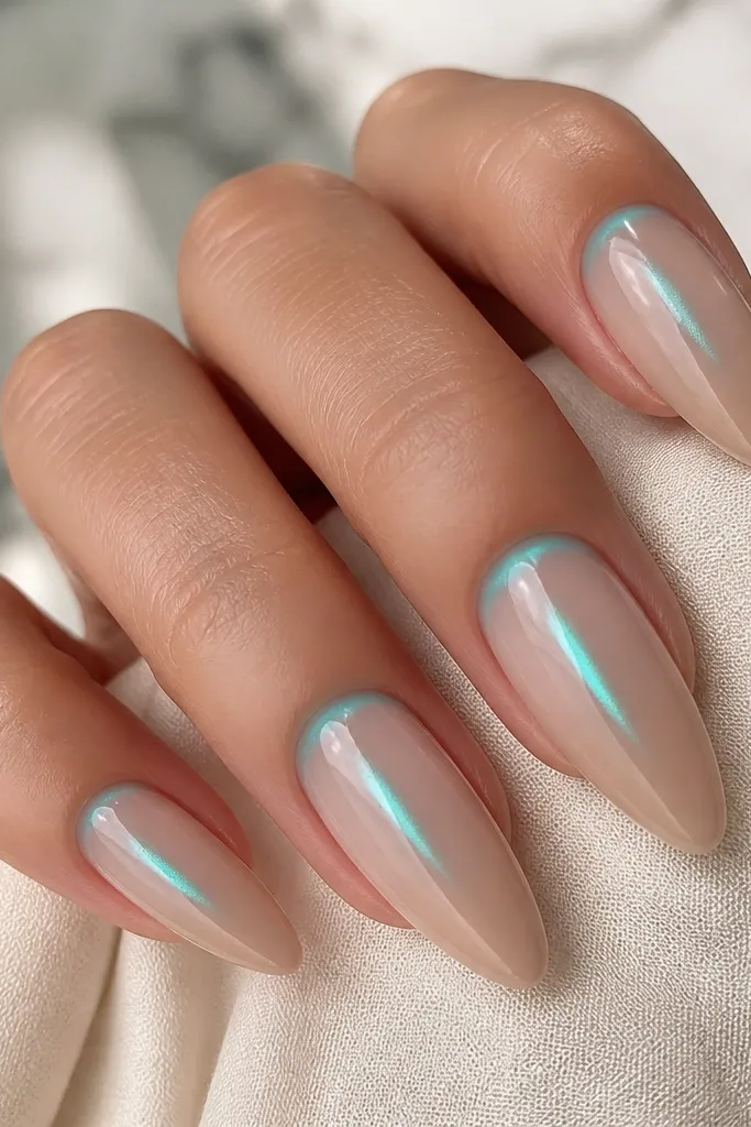 Almond nails with sheer nude base, teal cat eye stripe centered. The French area is a nude cap that blends into the base but has a slight teal glow at the cuticle line. Glossy finish.