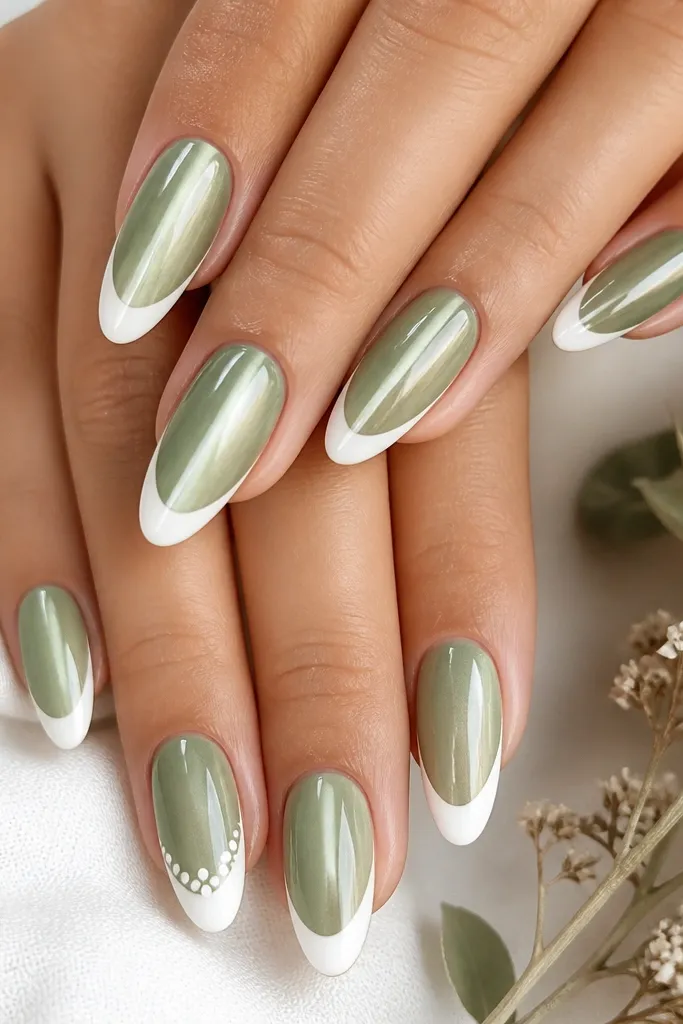 Almond nails with sage green cat eye stripe centered and white French tips. One accent nail has tiny white dot flowers (3-5 dots) near the smile line. Glossy finish.