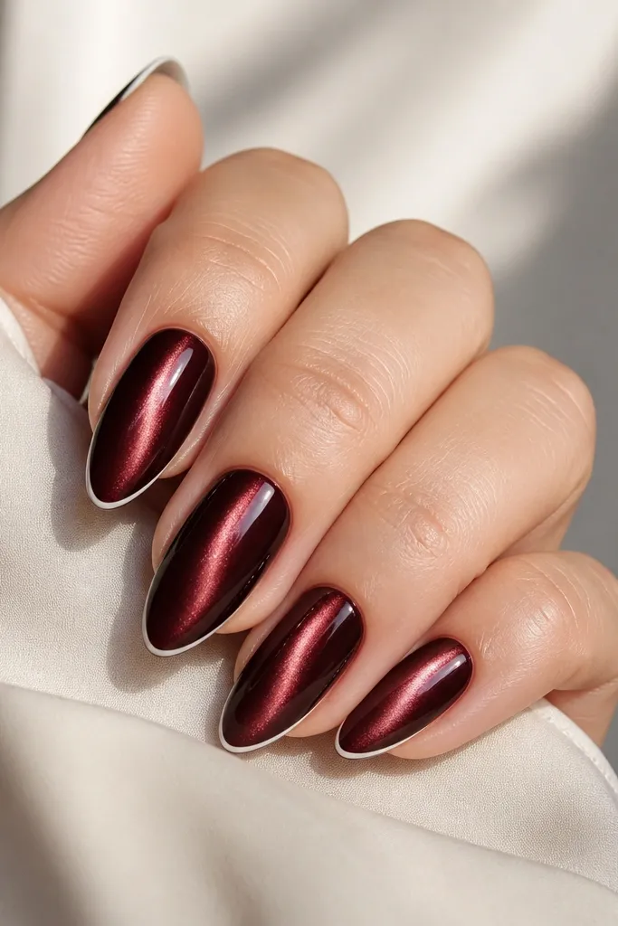 Almond nails with a burgundy magnetic cat eye base showing a narrow bright streak, and a very thin white French line only at the extreme tip. The cuticle is bare-looking with a smooth nude transition.