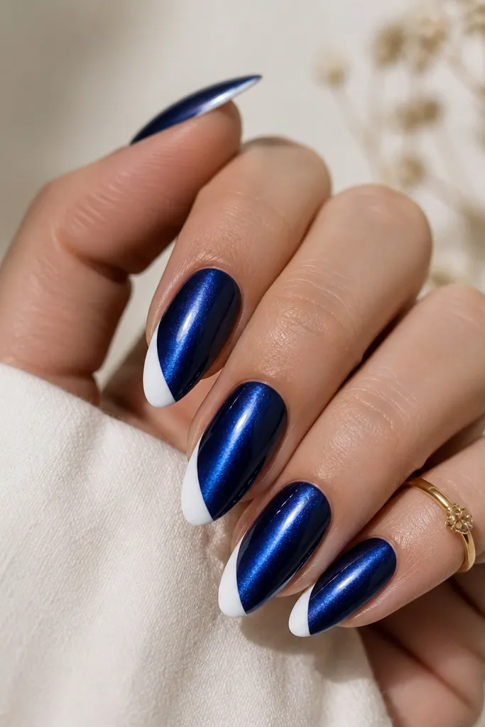 Almond nails with a sapphire blue cat eye base, bright streak running vertically. The French tips are white and slightly angled, creating a diagonal smile on each nail, glossy finish.