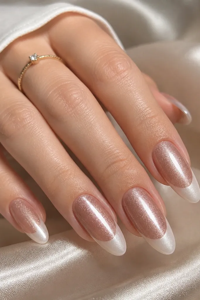Almond nails featuring rose gold magnetic cat eye shimmer with a bright vertical streak. The French tips are pearl white with a subtle glow, glossy and smooth.