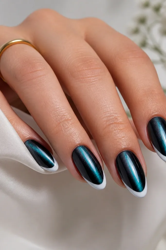 Almond nails with blackened teal magnetic base. A sharp bright streak runs down each nail. The French tip is a bold, crisp white smile line with clean edges, glossy.