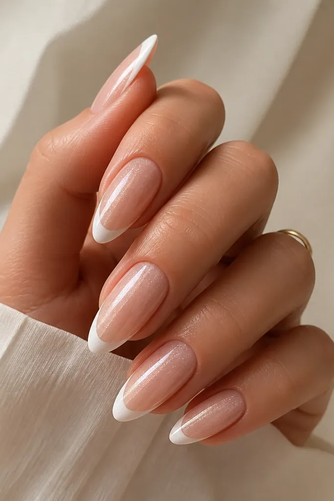 Almond nails on a milky nude cat eye base with a subtle vertical shimmer streak. Classic white French tips are evenly arced and opaque, glossy finish.