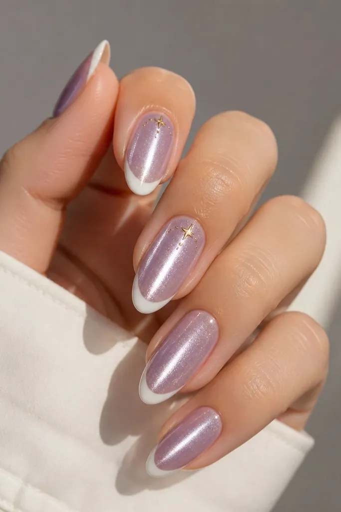 Almond nails with lavender cat eye shimmer and a strong vertical streak. White French tips are crisp, and there are tiny gold star dots on two accent nails near the cuticle area. Glossy top coat.