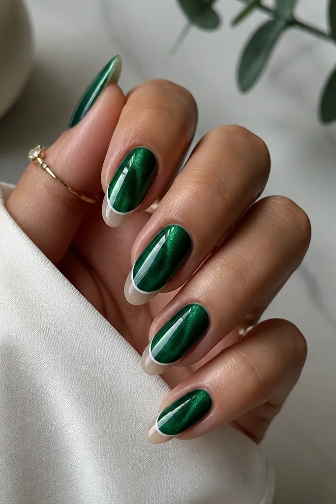 Almond nails with emerald cat eye base. The French design is negative space: the tip has a curved white line leaving part of the tip area clear, creating a half-French effect. Glossy finish.