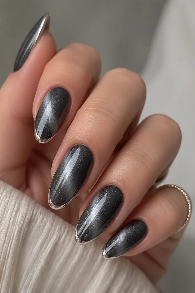 Almond nails with charcoal gray cat eye shimmer and a bright streak. The French tip is a very thin line of metallic chrome at the edge instead of full white, glossy and reflective.