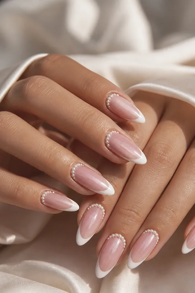 Almond nails with dusty pink cat eye shimmer streak. The French tip is pearl white, and there's a delicate pearl outline half-moon near the cuticle on each nail. Glossy top coat.