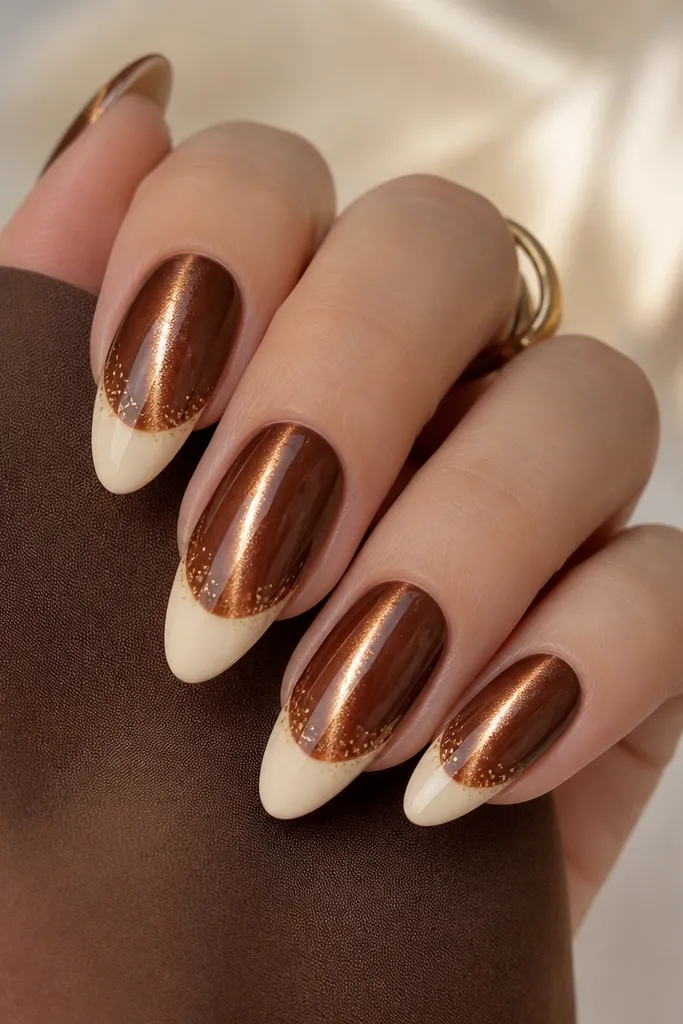 Almond nails with cocoa brown magnetic cat eye base and a bright vertical streak. Off-white French tips are slightly creamy, with tiny gold flecks sprinkled near the French border. Glossy finish.