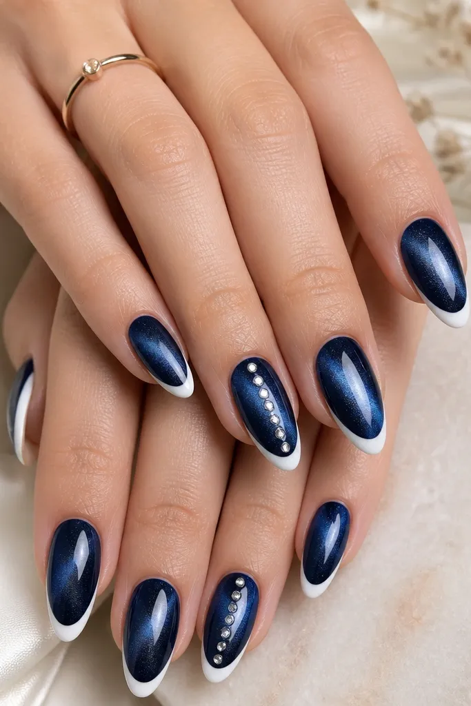 Almond nails with navy cat eye shimmer streak. White French tips are crisp and opaque. On two accent nails, there are 3-5 tiny rhinestone dots placed in a vertical line near the center. Glossy top coat.