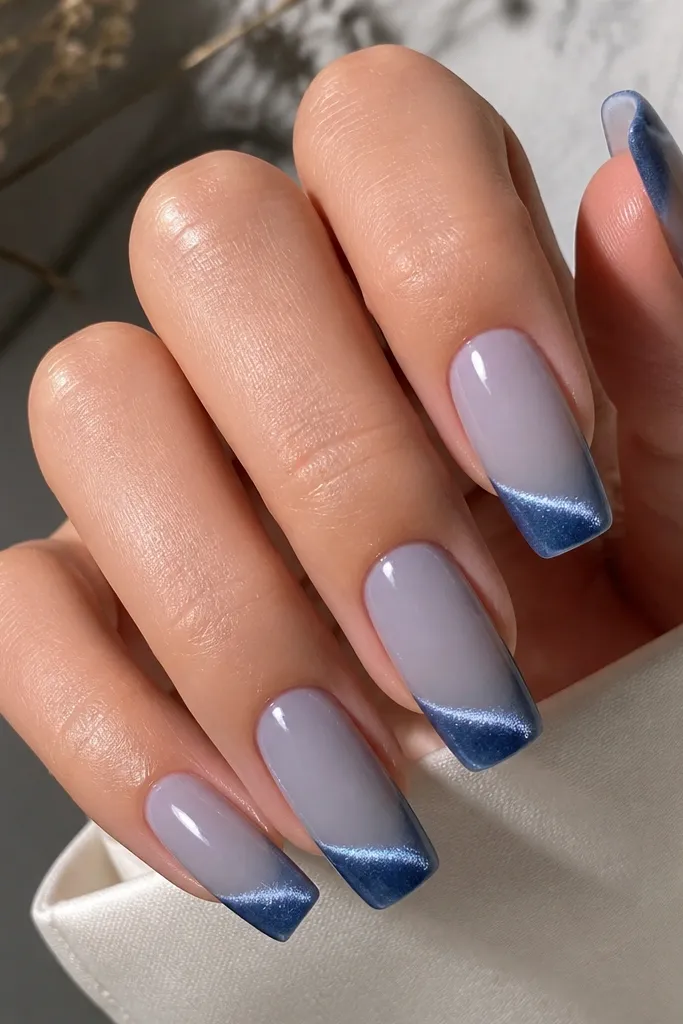 Medium coffin nails with a sheer cool gray base. The French tips are denim blue cat eye with a lighter streak angled slightly upward toward the free edge. The look is glossy with a clean, straight French boundary.
