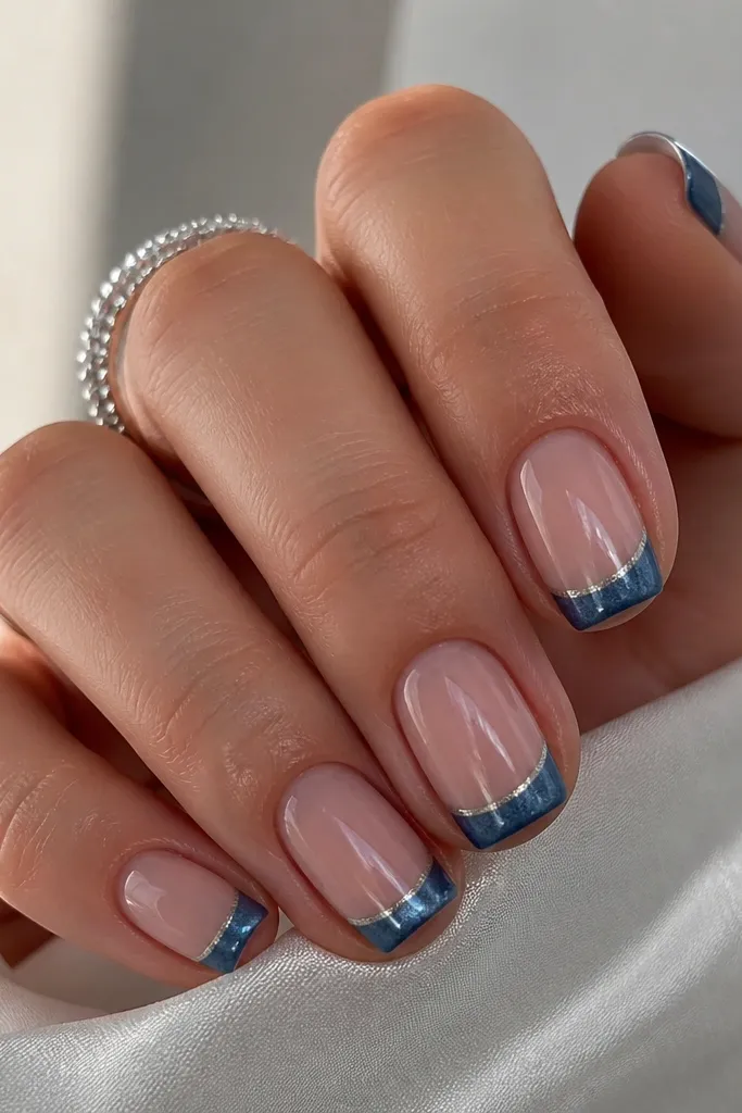 Short squoval nails with a sheer nude base. French tips are icy sapphire blue cat eye with a crisp edge. The very tip line is finished with a thin pearl-silver line instead of white, and everything is glossy.