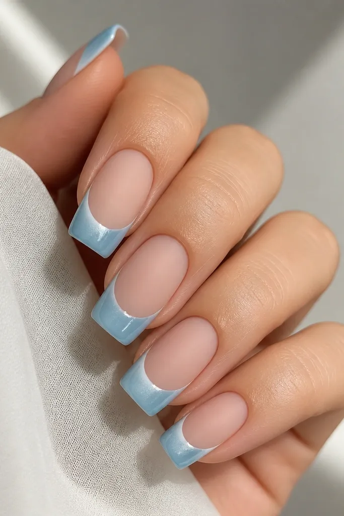 Square nails with a matte nude base. The French tips are powder blue cat eye with a glossy finish and a bright light streak. The contrast between matte base and shiny tips is clear.
