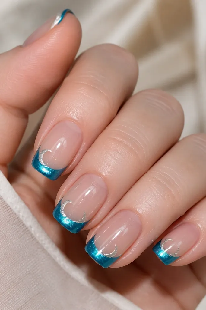 Medium squoval nails with a sheer nude base. French tips are cyan blue cat eye with a bright streak. Tiny crescent moons in icy silver sit near the corners of the smile line, and the finish is glossy.