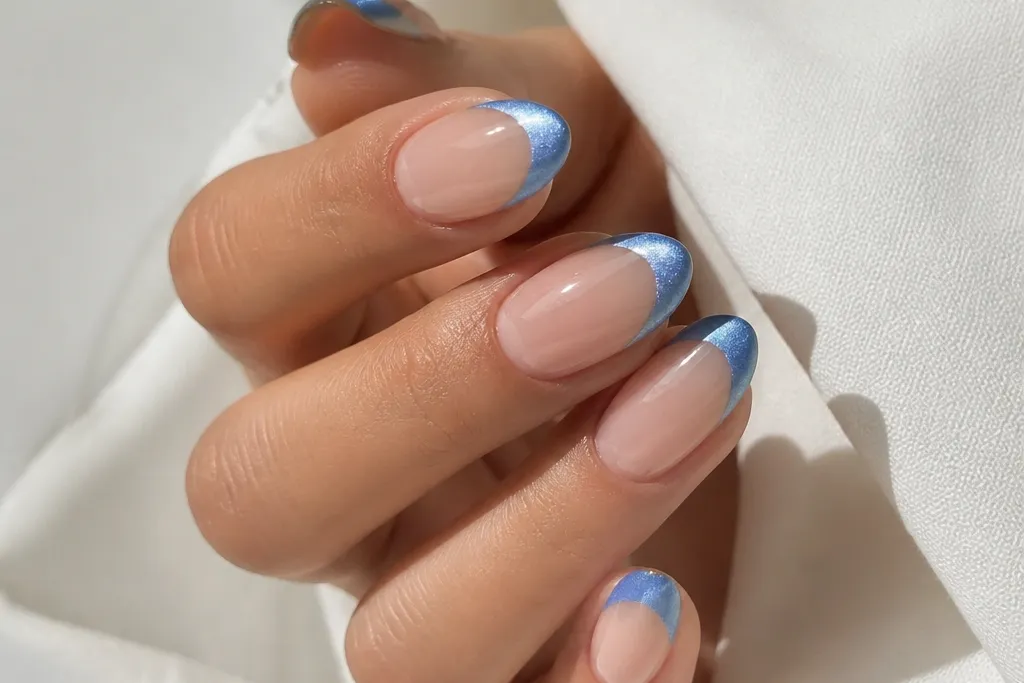 Blue Cat Eye French Tip Nails for a Mesmerizing Manicure