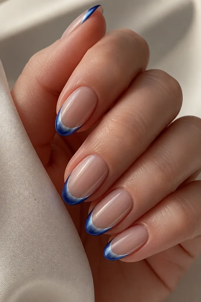 Blue Cat Eye French Tip Nails for a Mesmerizing Manicure