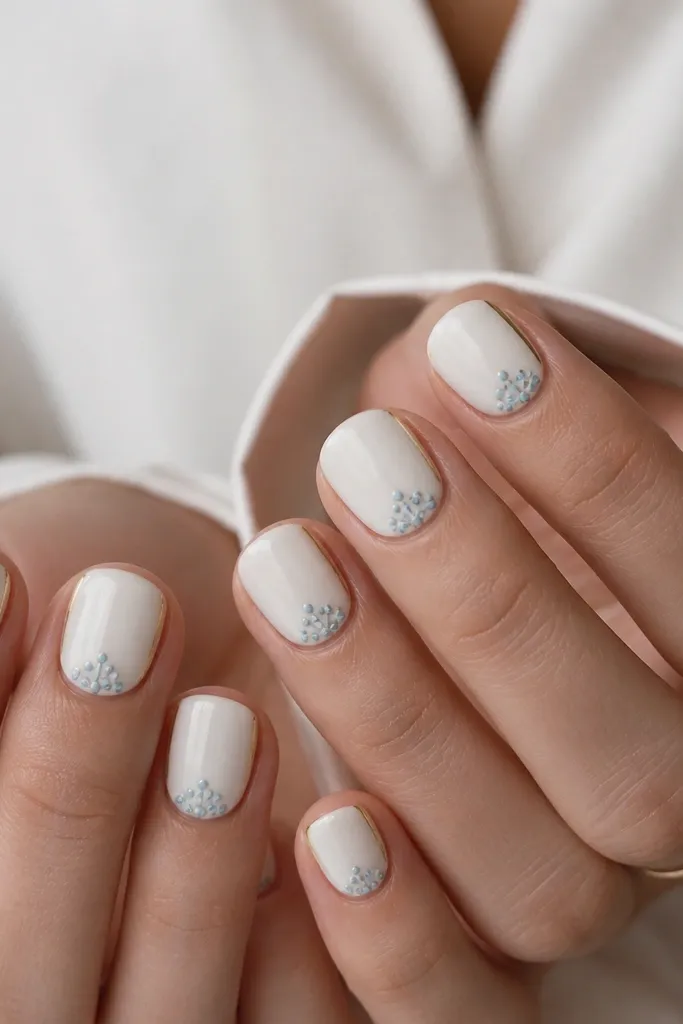 Short square nails painted milky white. Near the cuticle on each nail are tiny icy blue dot clusters like miniature light bulbs, with one thin gold line framing the side of the nail.