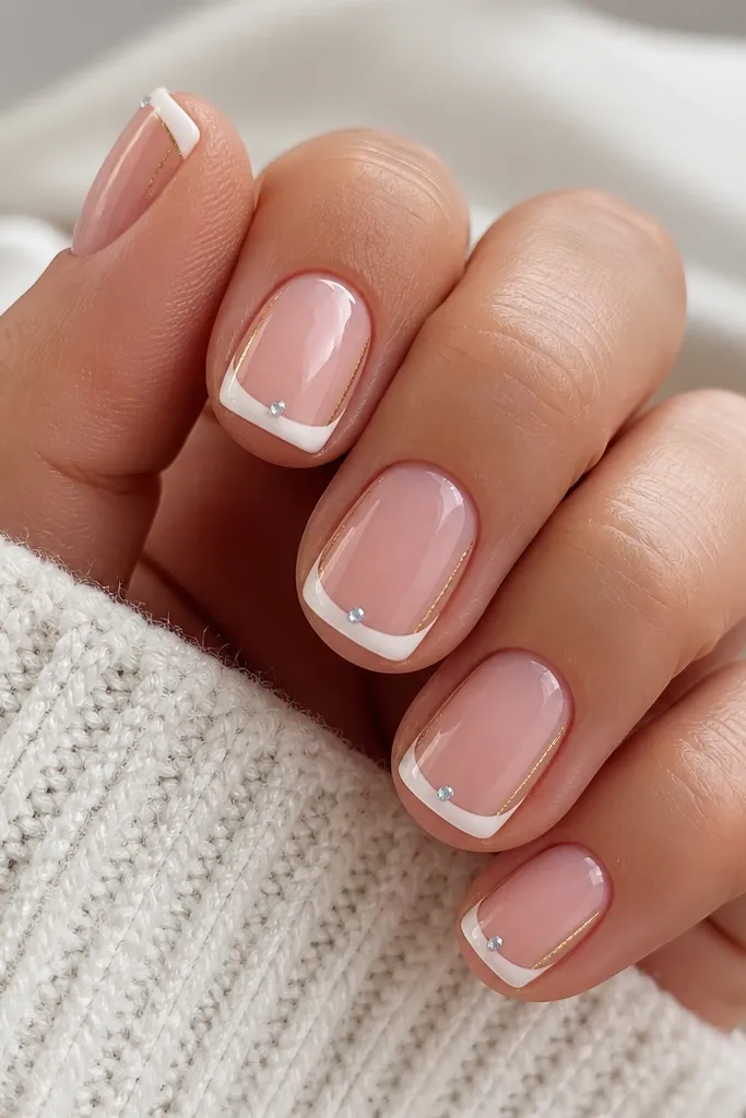 Short square nails with crisp white French tips. Tiny icy blue dot lights sit just inside the smile line, and thin gold accents run along the side walls of each nail.