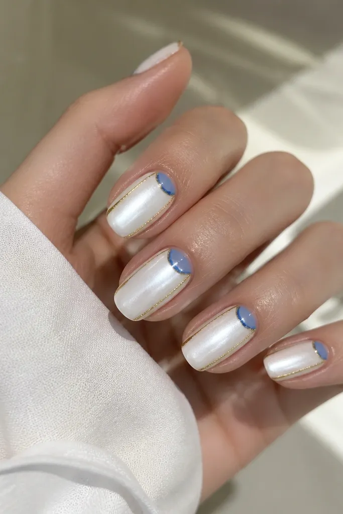 Glossy nails with a white pearl finish. Each nail has a small blue crescent near the cuticle like a moonlight shape, plus a thin gold edge line along one side.