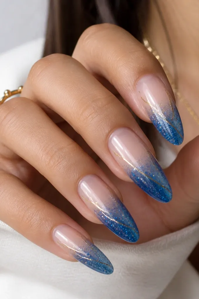 Long almond nails with a blue glitter fade from mid-nail to the tip. White dashes like short light streaks run diagonally across the glitter area, and gold micro lines frame the sides.
