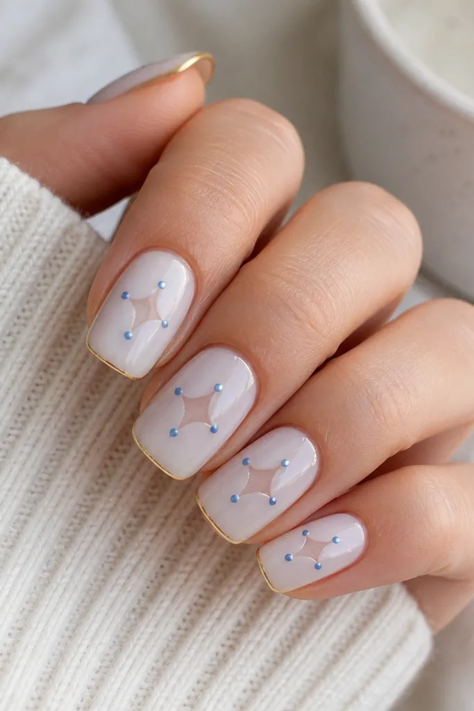 Medium square nails with a milky white base and clear negative space cutouts shaped like small stars near the center. Blue nodes (small filled circles) sit around the negative space, and a thin gold trim outlines the nail edges.
