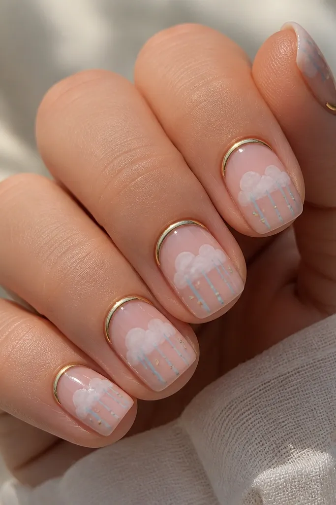 Short square nails with a powder pink base. The tips look like soft cloud puffs in milky white, with thin blue light-drip streaks running down the center. Each nail has a gold halo ring around the base, and a few tiny gold dots sit near the drip ends.