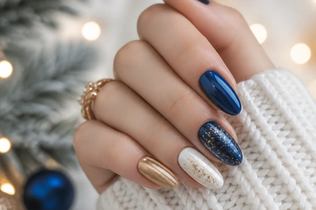 Blue, white, and gold nails with lights