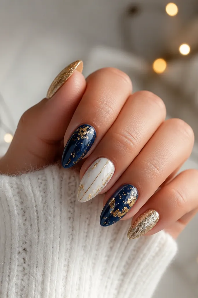 Blue, white, and gold nails with lights