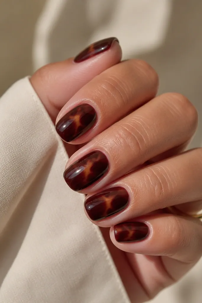 Short squoval nails painted deep burgundy with small warm brown-gold tortoise swirls concentrated near the center, glossy finish, no extra gems.