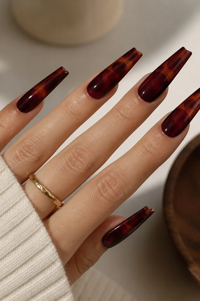 Long coffin nails with a jelly-like translucent burgundy wash; tiny micro tortoise swirls in warm brown and gold visible under the shine; no heavy lines.