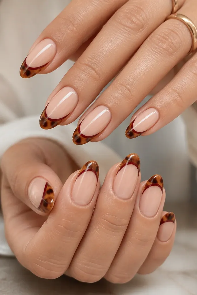 Medium almond nails with a nude base; French tips are tortoise shell in warm brown and gold; a thin burgundy outline traces the tip edge; glossy topcoat.