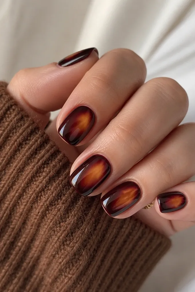 Short to medium squoval nails with a burgundy base; warm tortoise aura glow radiates from the cuticle outward in caramel and gold; glossy finish.