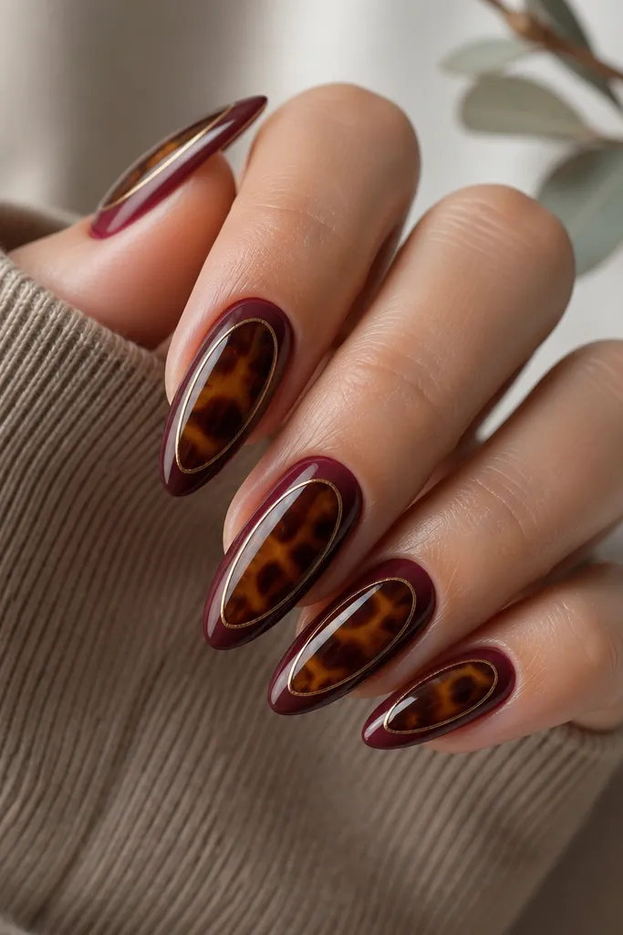 Almond nails with burgundy base; warm tortoise swirls sit in the center; thin caramel-gold lines frame the sidewalls; glossy finish.