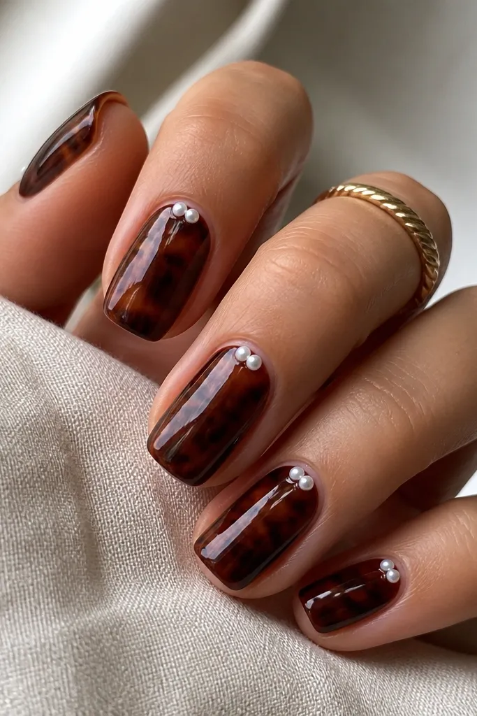 Medium squoval nails with burgundy tortoise swirls across the nail; one or two pearl dots sit at the cuticle line; glossy topcoat.