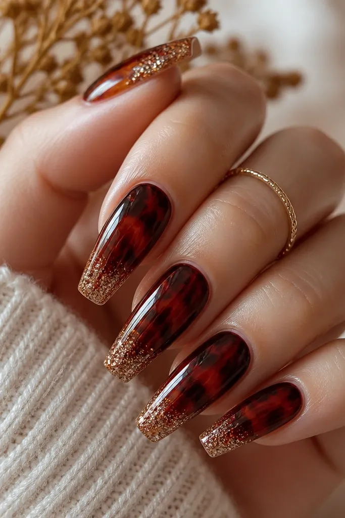 Coffin nails in burgundy with tortoise swirls; fine champagne-gold sparkle dust concentrates at the tips; glossy topcoat.