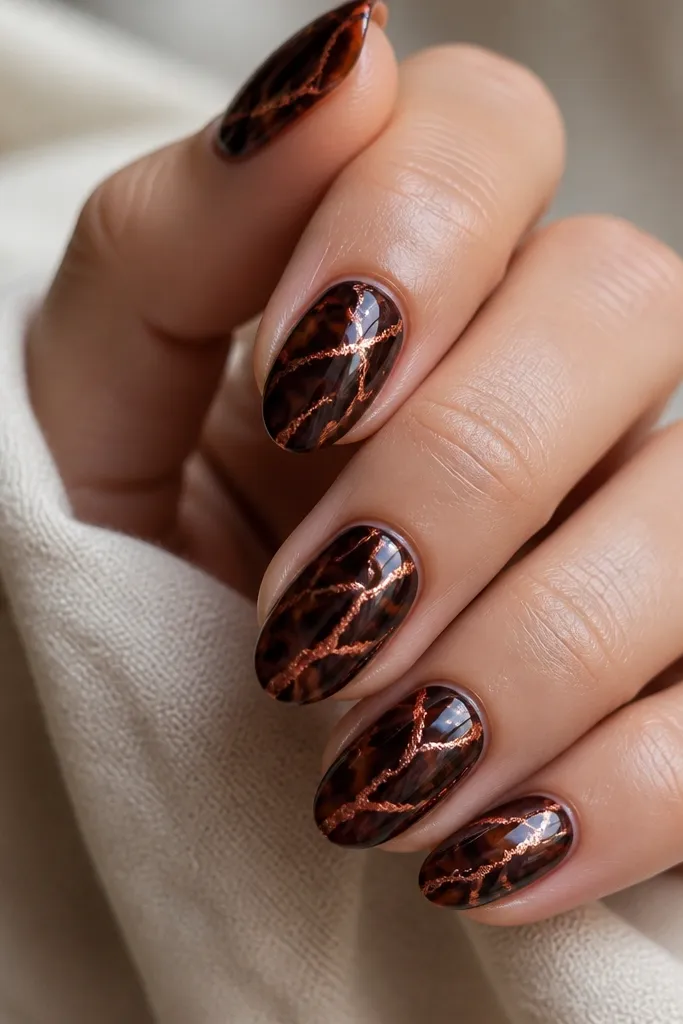 Short almond nails painted in a dark burgundy tortoise base. Thin, irregular crackle lines in burnished copper run across the center and fan out toward the tips. The tortoise pattern has smoky amber edges, and the copper catches light like brushed metal. High-gloss top coat makes the crackle look glassy instead of flat.
