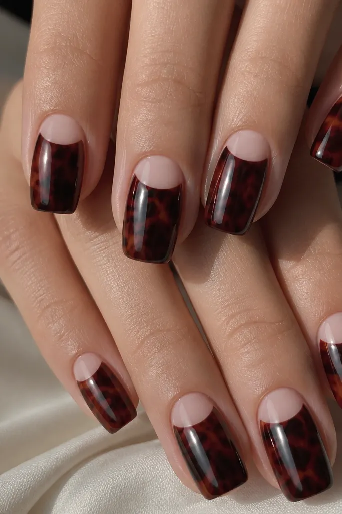 Medium square nails with a clean half-moon cutout at the base where the natural nail shows through. The rest of the nail is painted burgundy tortoise with smoky chocolate islands and muted amber borders. The negative space is crisp and rounded, and the top coat is glossy and smooth. The overall look is high-contrast, like a modern, moody French design.