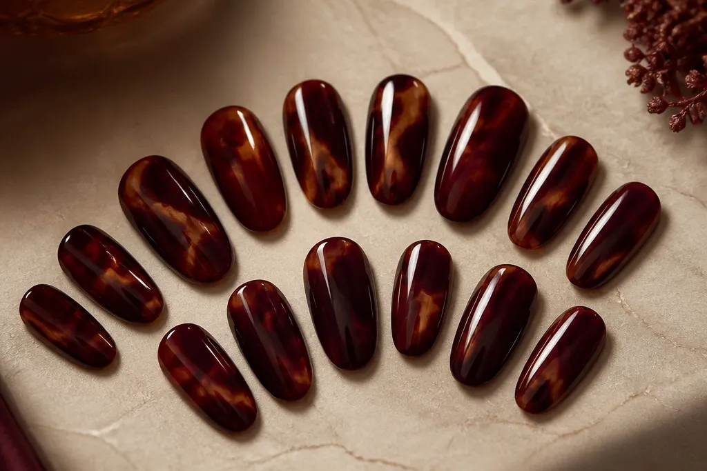 15 Burgundy Tortoise Shell Nails
