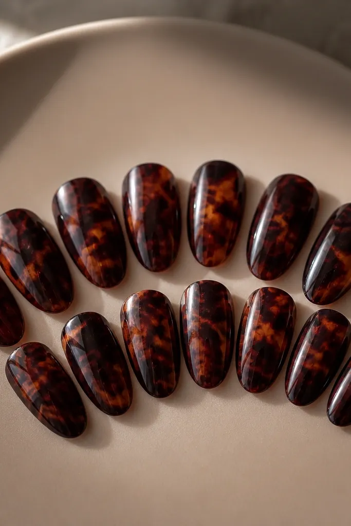 15 Burgundy Tortoise Shell Nails